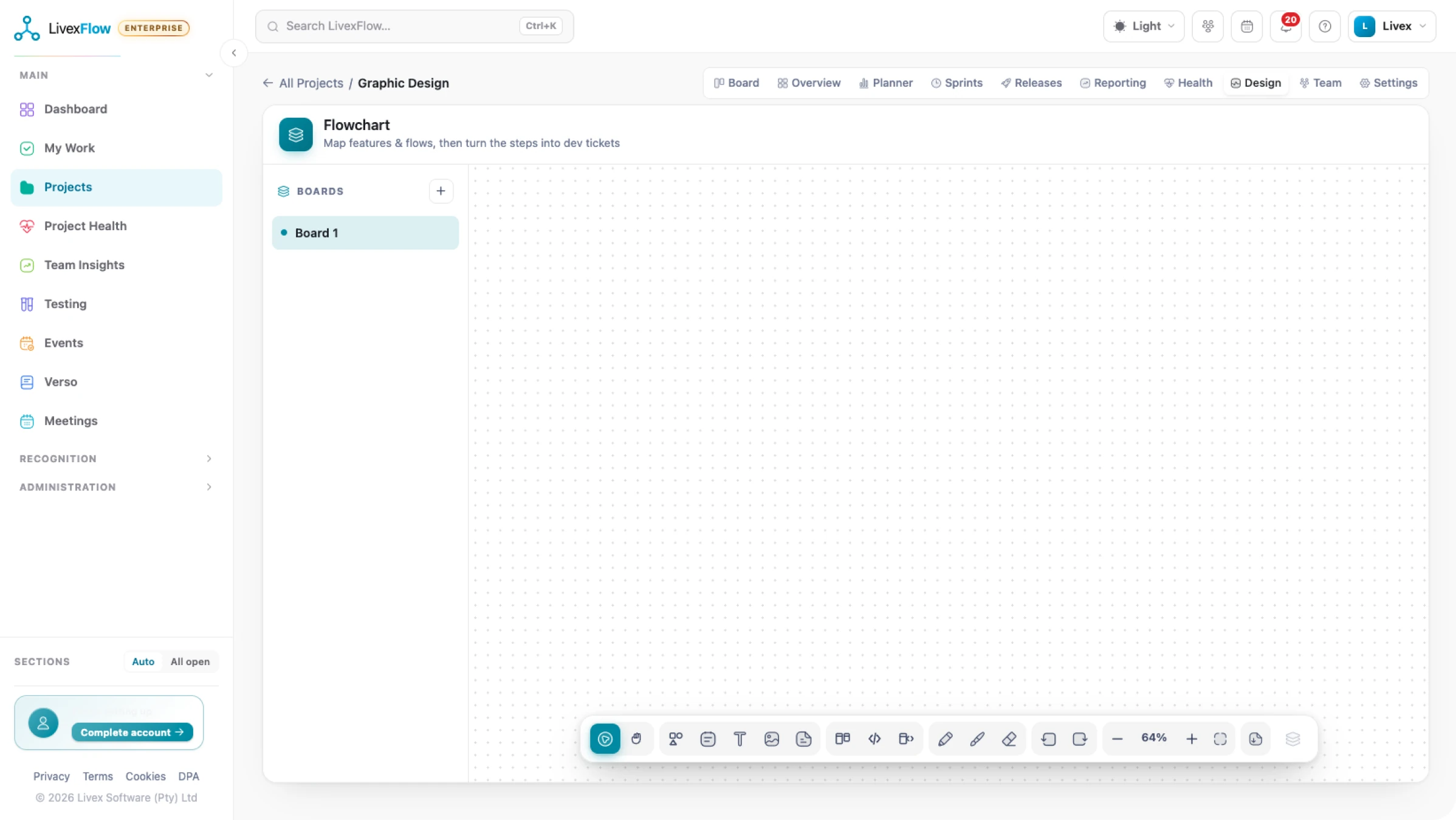 The LivexFlow design canvas with a database flowchart drawn on it