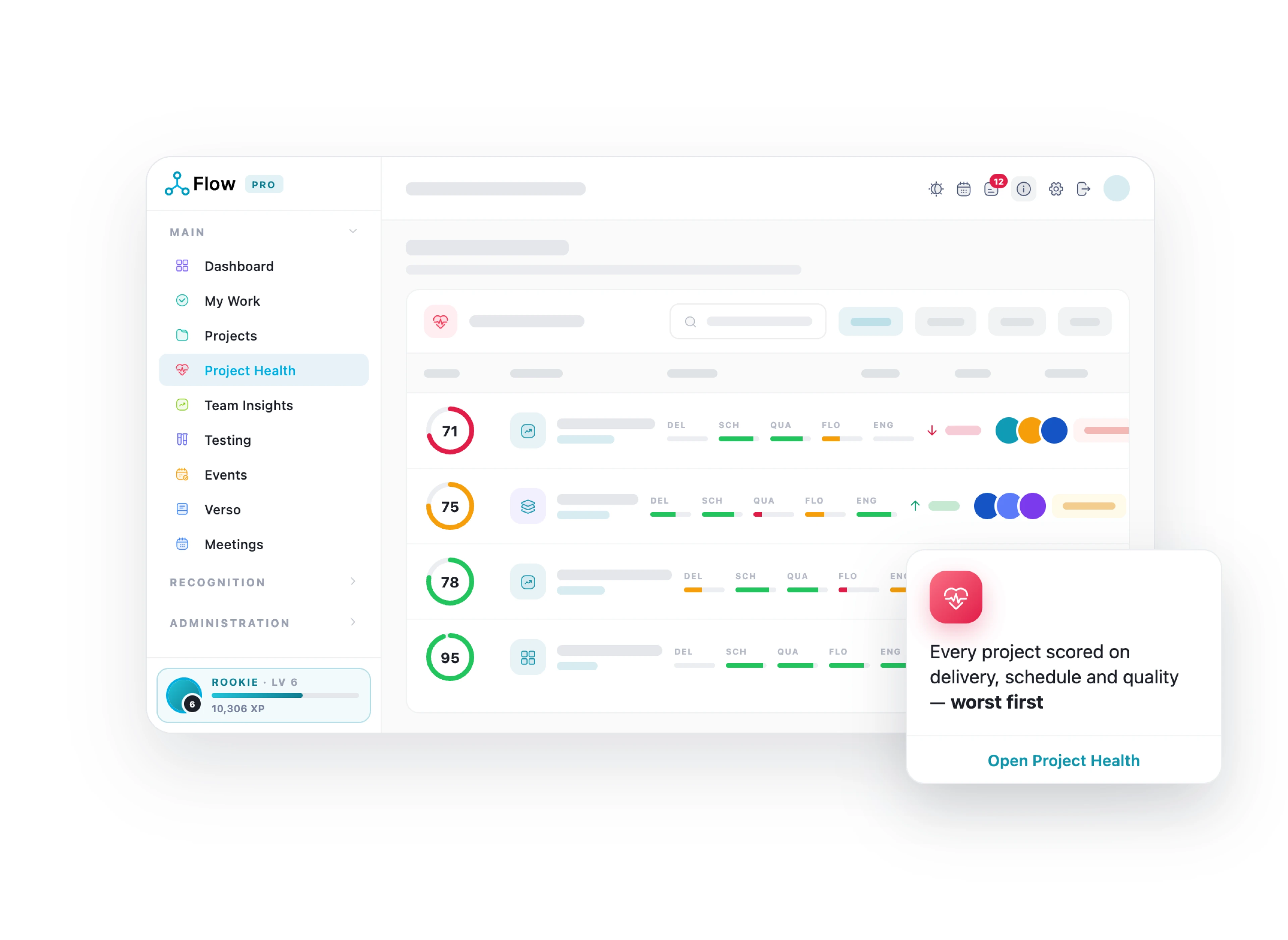 A LivexFlow project health dashboard showing progress, risks, workload and performance