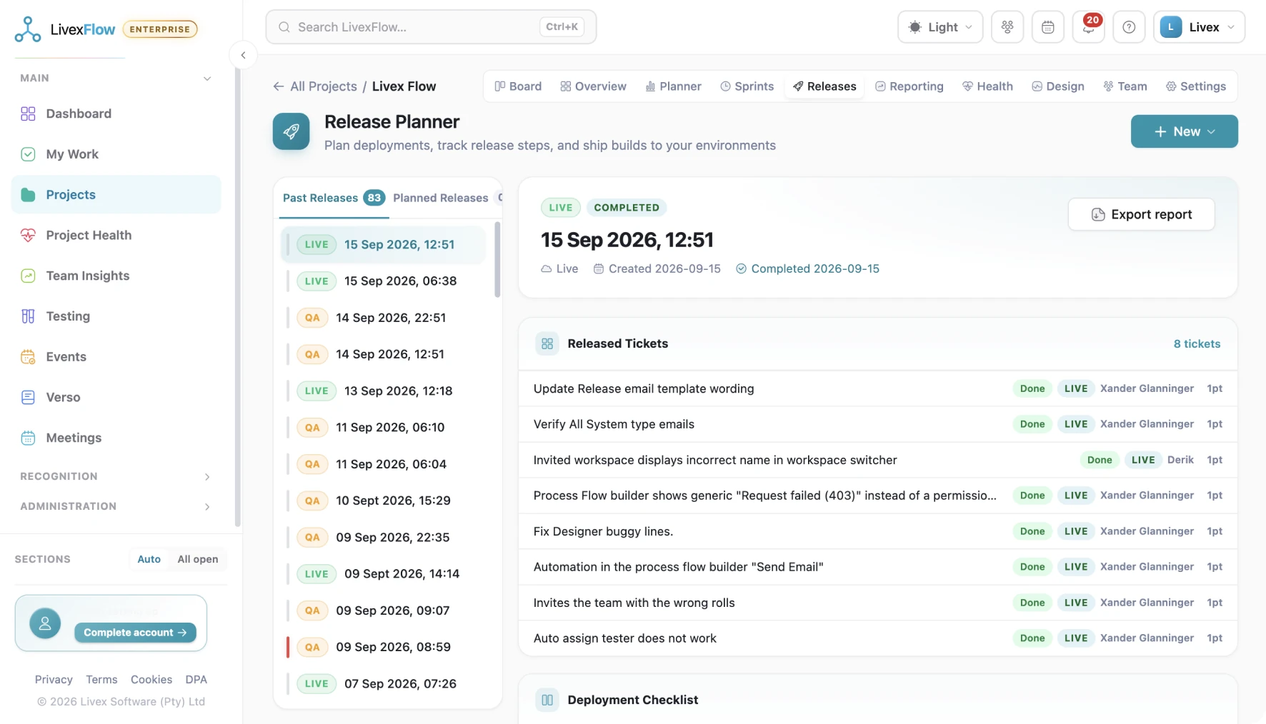 A LivexFlow release plan with its checklist and deployment status