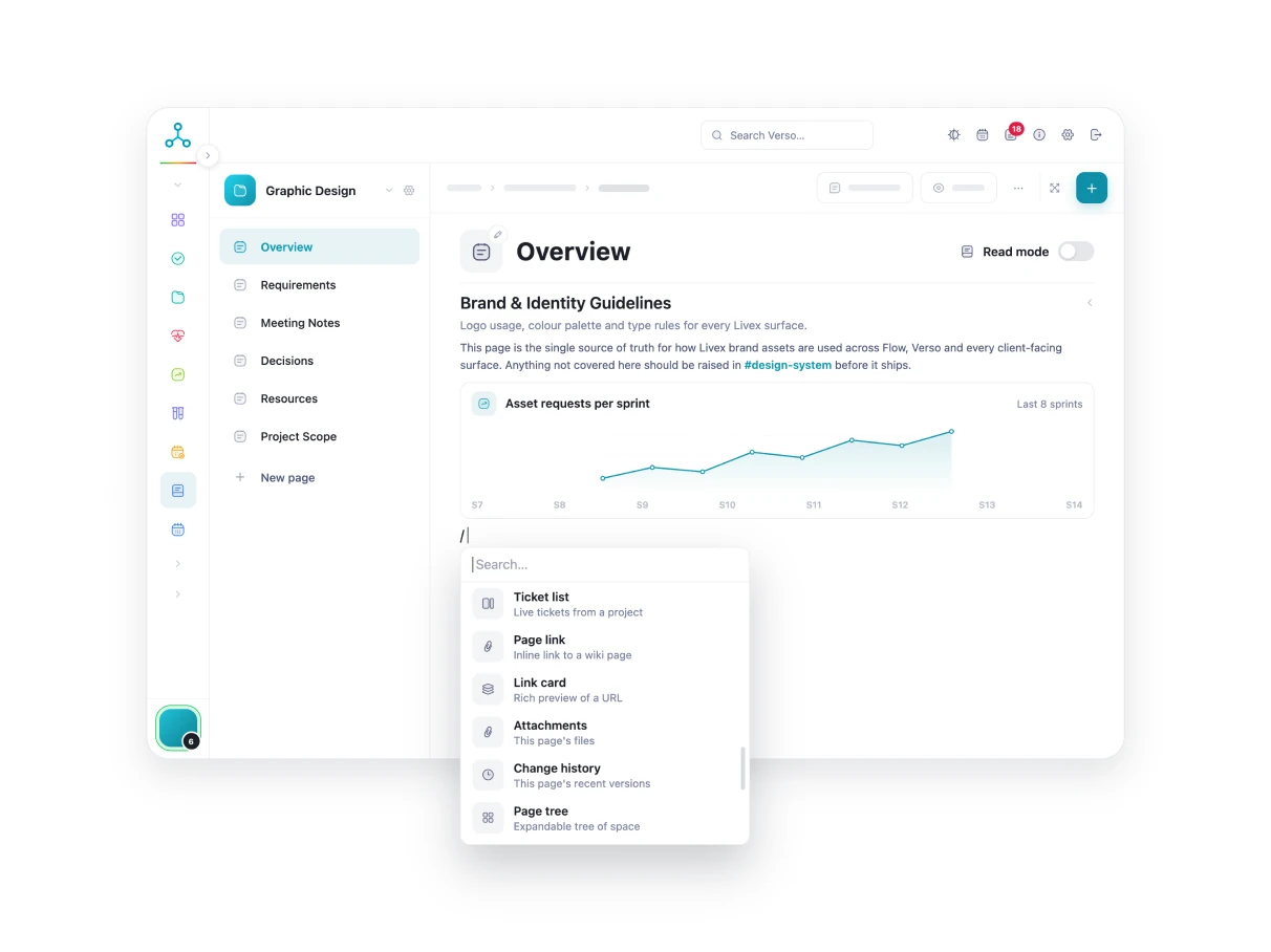 A Verso knowledge base page with brand guidelines and linked tickets