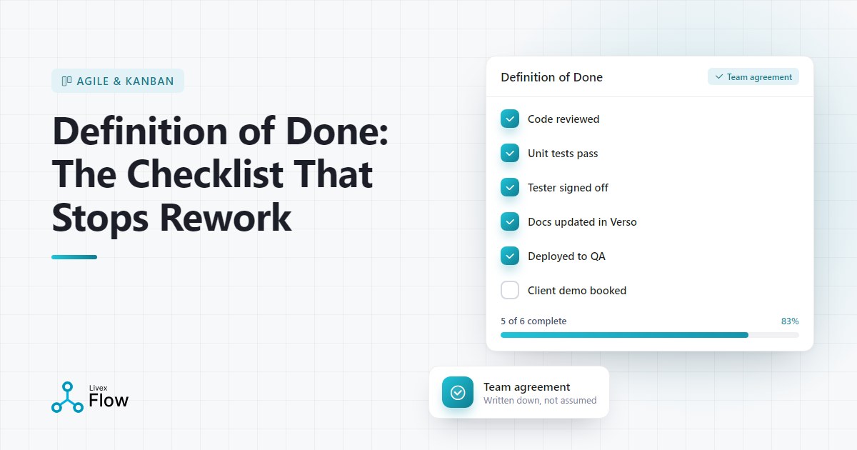Developer ticking off a definition of done checklist beside a Kanban board