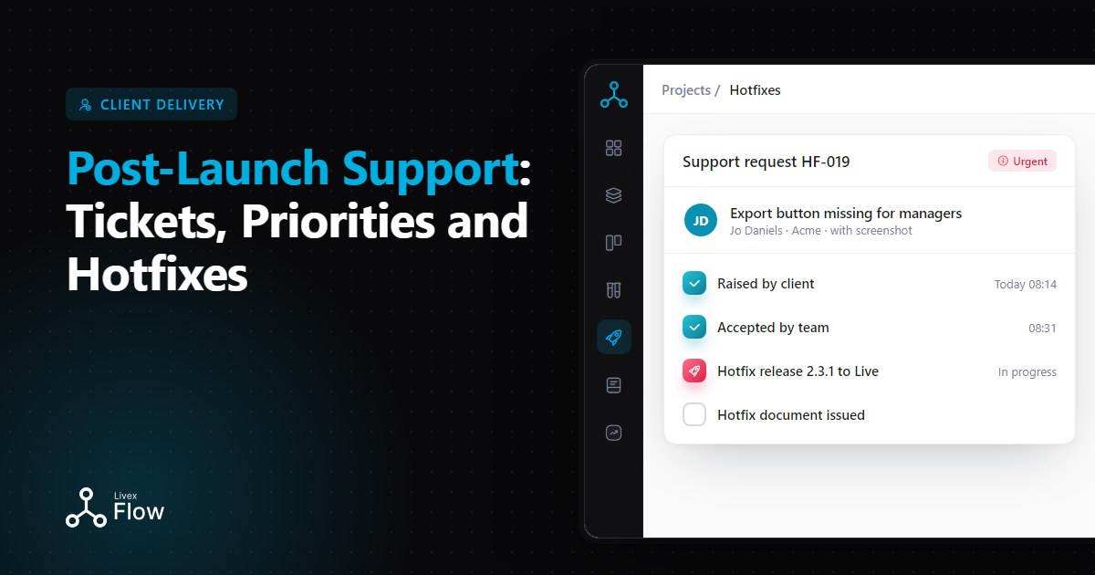 Developer triaging post-launch support tickets and preparing a hotfix release on a laptop